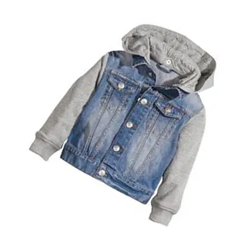 Kids' washed denim jacket with grey jersey hood and sleeves