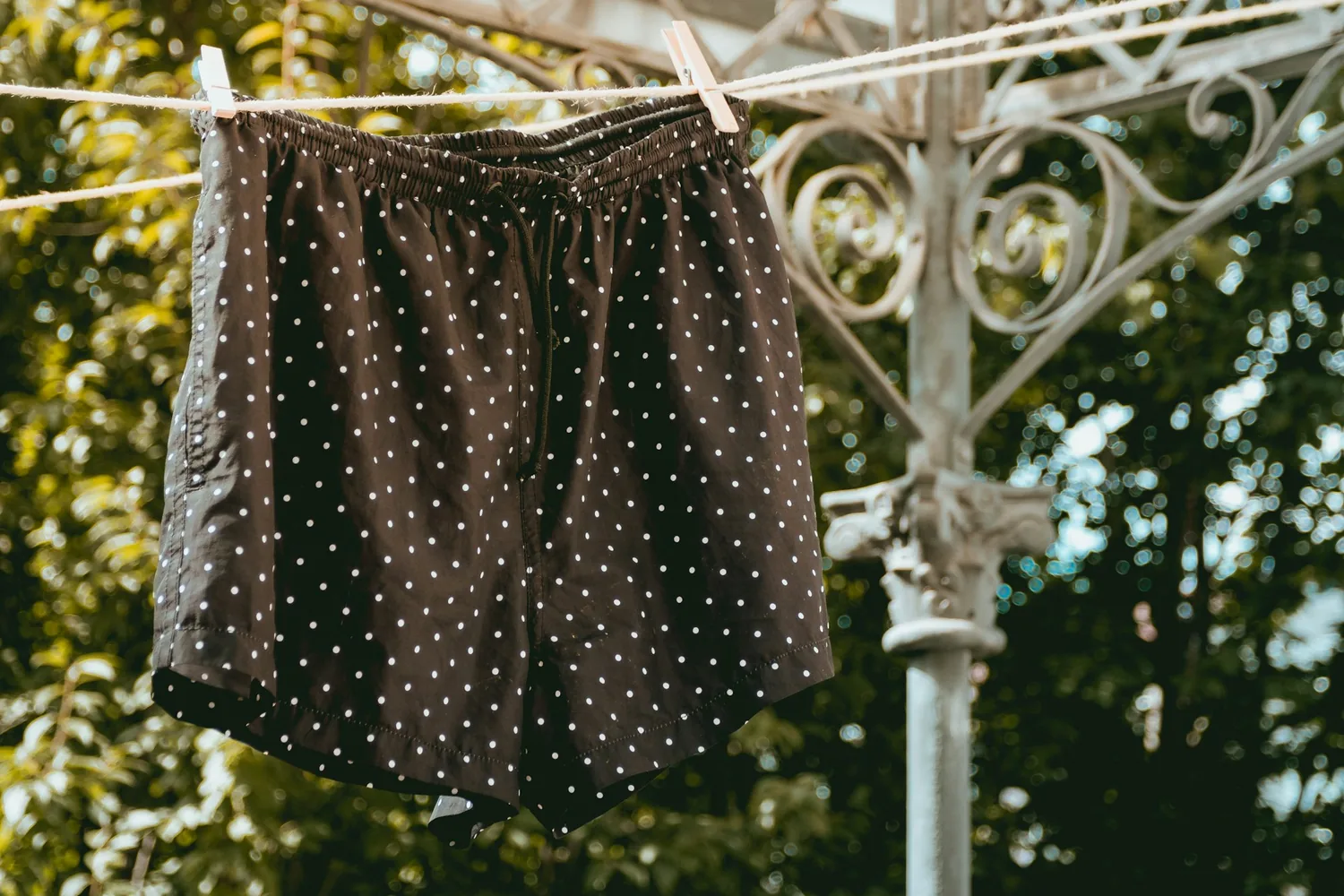 Polka-dot boxer shorts hanging on a washing line